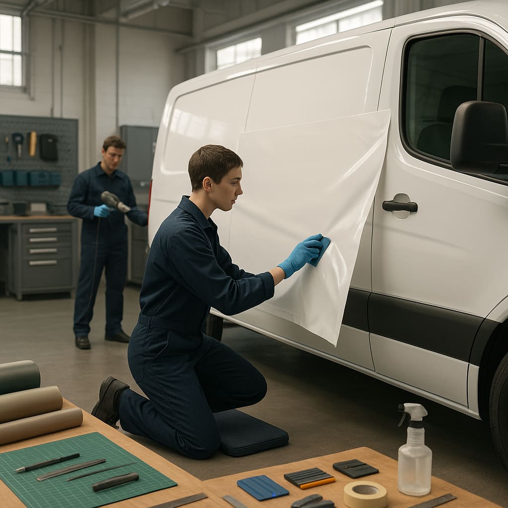 Techniker bei Fahrzeugfolierung im Studio